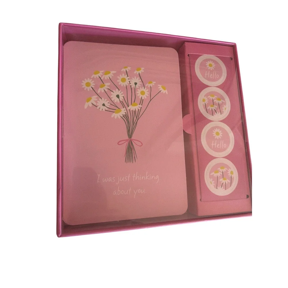 OCS Designs Note Card Set Pink Feline Good Daisies 2pk Stationery Boxed Stickers
